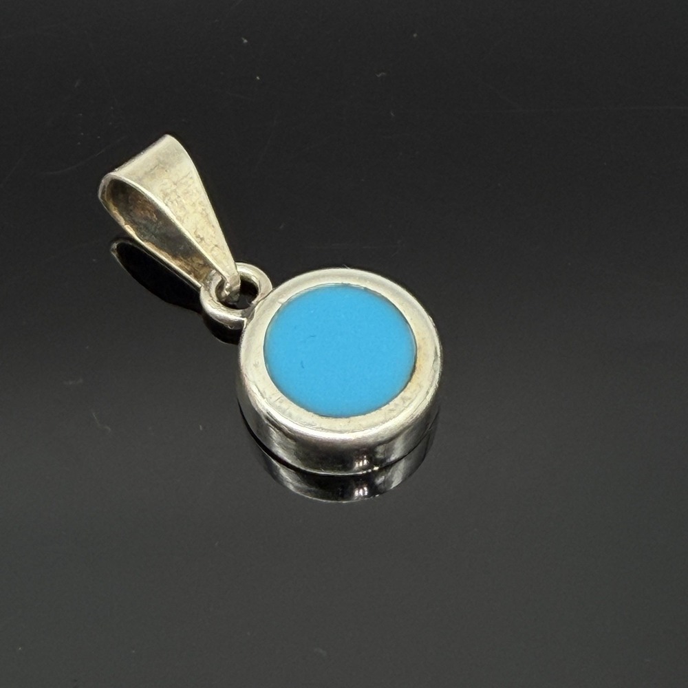 Mexico Sterling SIlver 925 Inlaid Turquoise Circle Pendant Southwestern Boho
